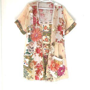 Art to wear patchwork mini dress women's M boho hippie retro denim whimsy floral